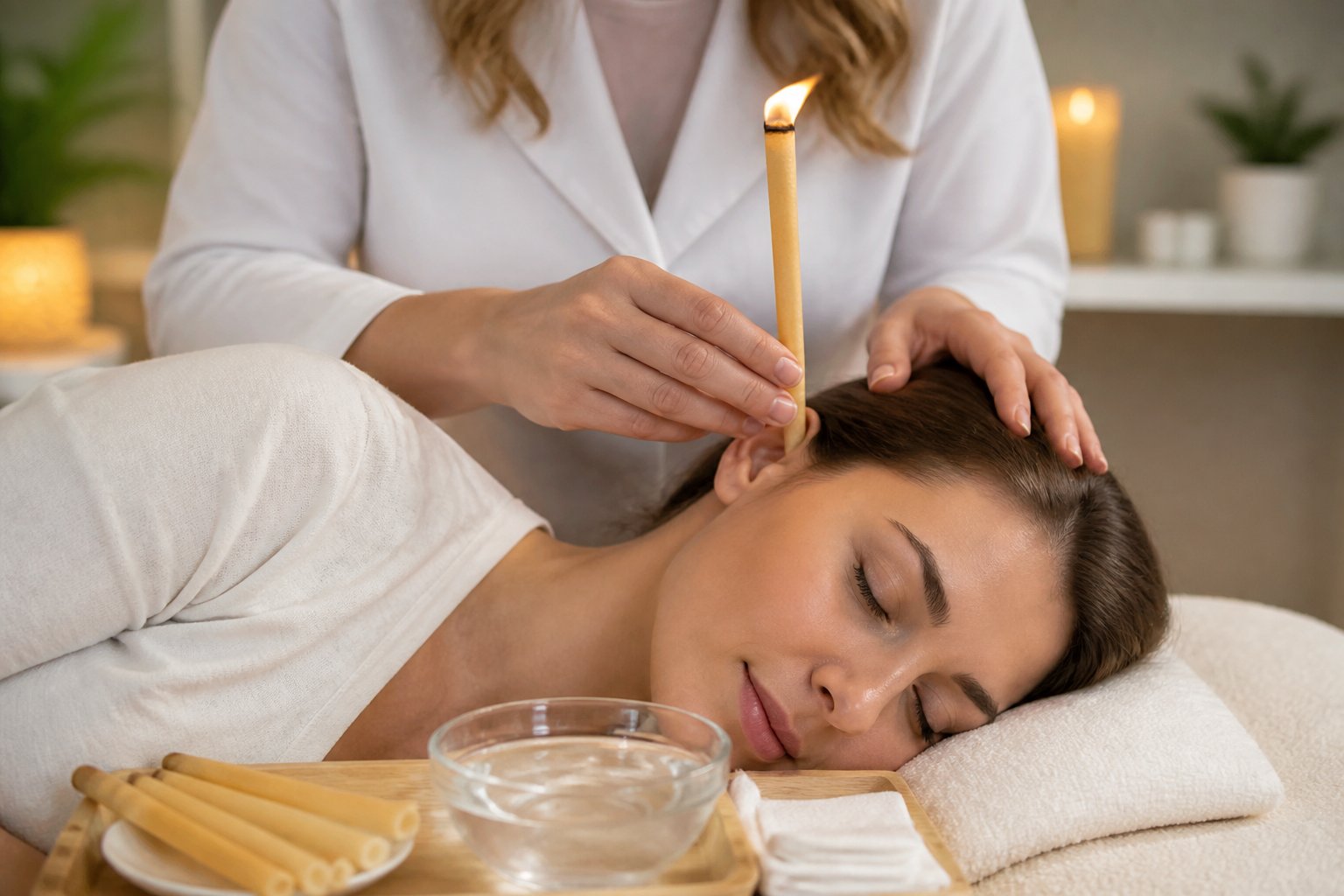A professional carefully holding a lit beeswax ear candle near a person's ear in a calm, clean setting with natural supplies nearby.