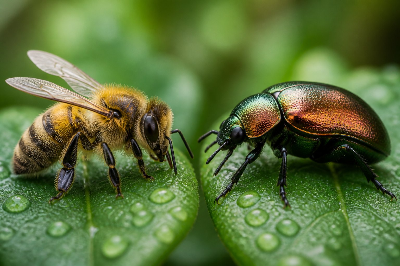Close-up of a bee and a beetle side by side on green leaves with a blurred natural background.