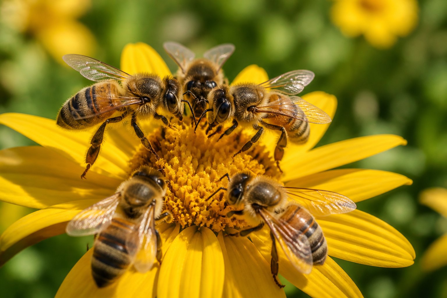 Close-up of honeybees communicating on a yellow flower in a meadow.