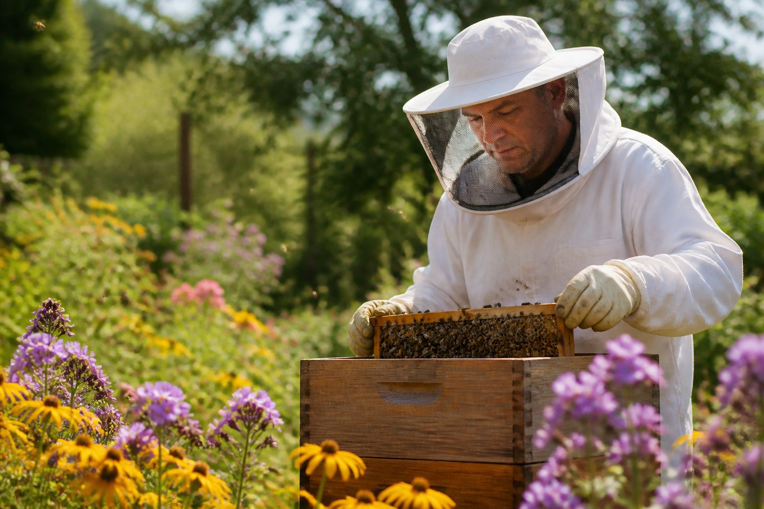 A beekeeper in protective gear tending to a beehive surrounded by bees and colorful flowers in a garden.