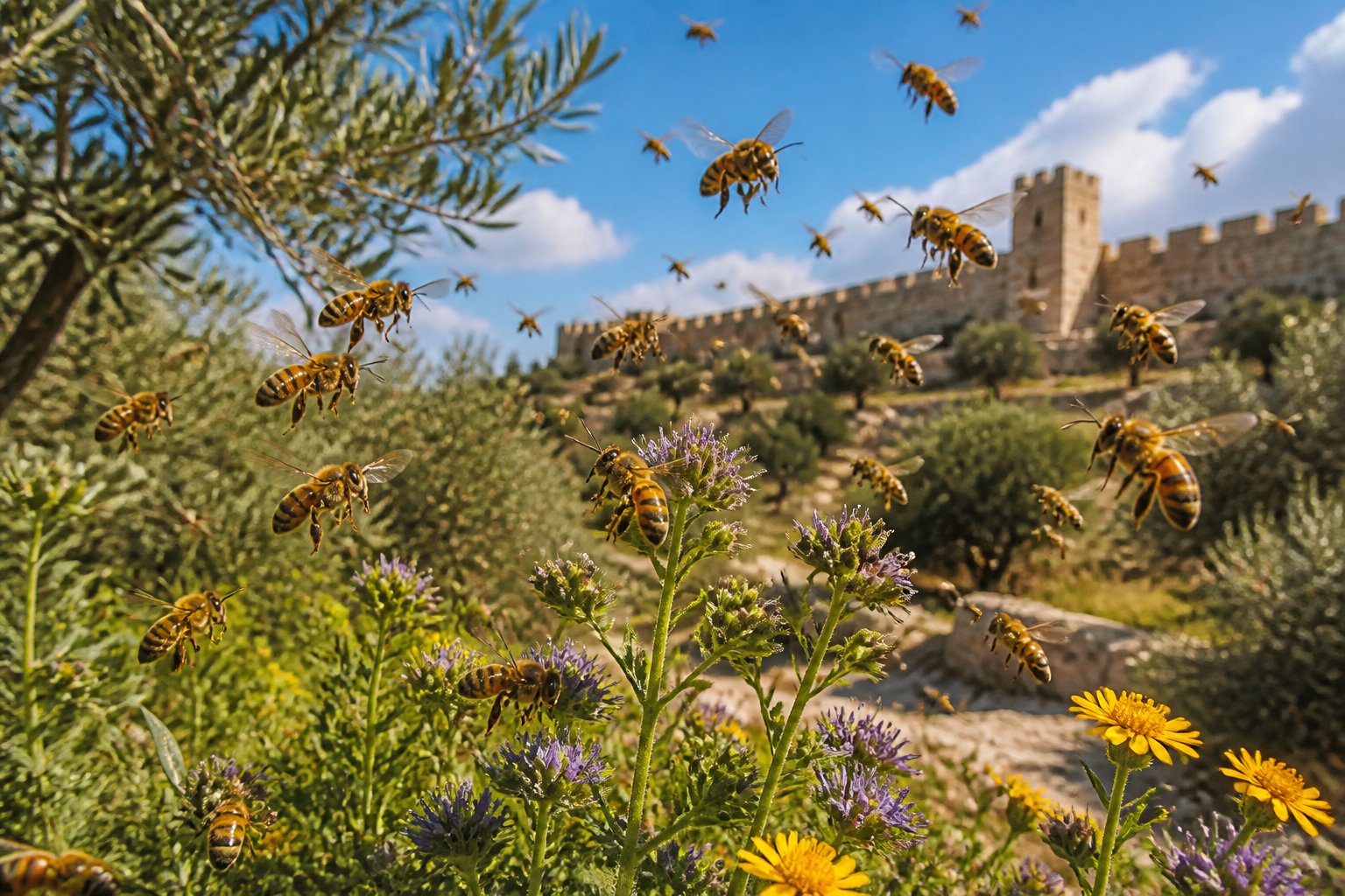 A swarm of bees flying over wildflowers and olive trees with ancient stone ruins in the background under a clear blue sky.