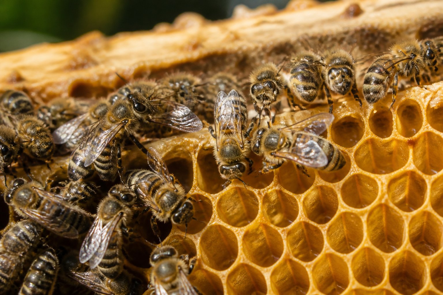 Close-up of honeybees working on a honeycomb inside a natural hive.