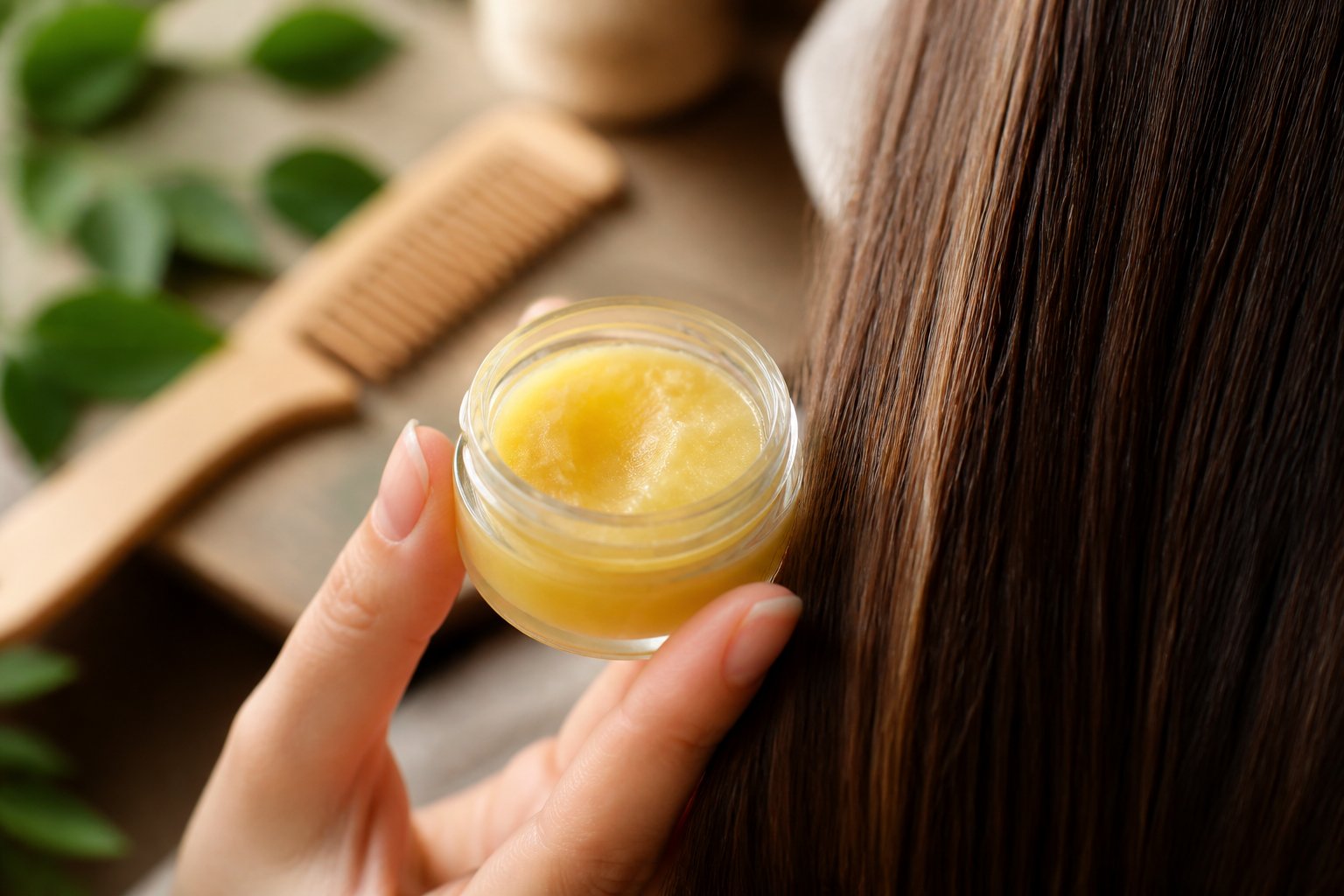 Close-up of a hand holding a small jar of beeswax balm next to healthy shiny hair strands with natural elements in the background.