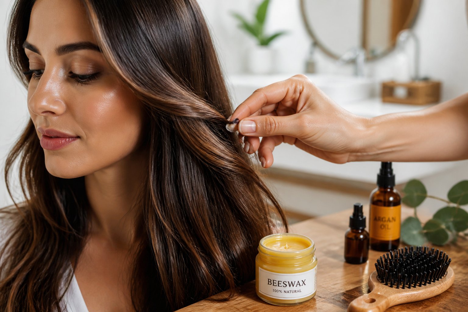 Close-up of a woman having beeswax applied to her hair in a bright bathroom setting with hair care products nearby.
