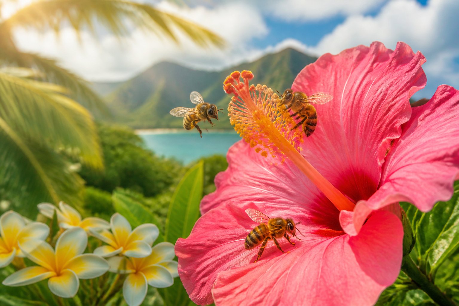 Close-up of honeybees pollinating tropical flowers with green Hawaiian vegetation in the background.