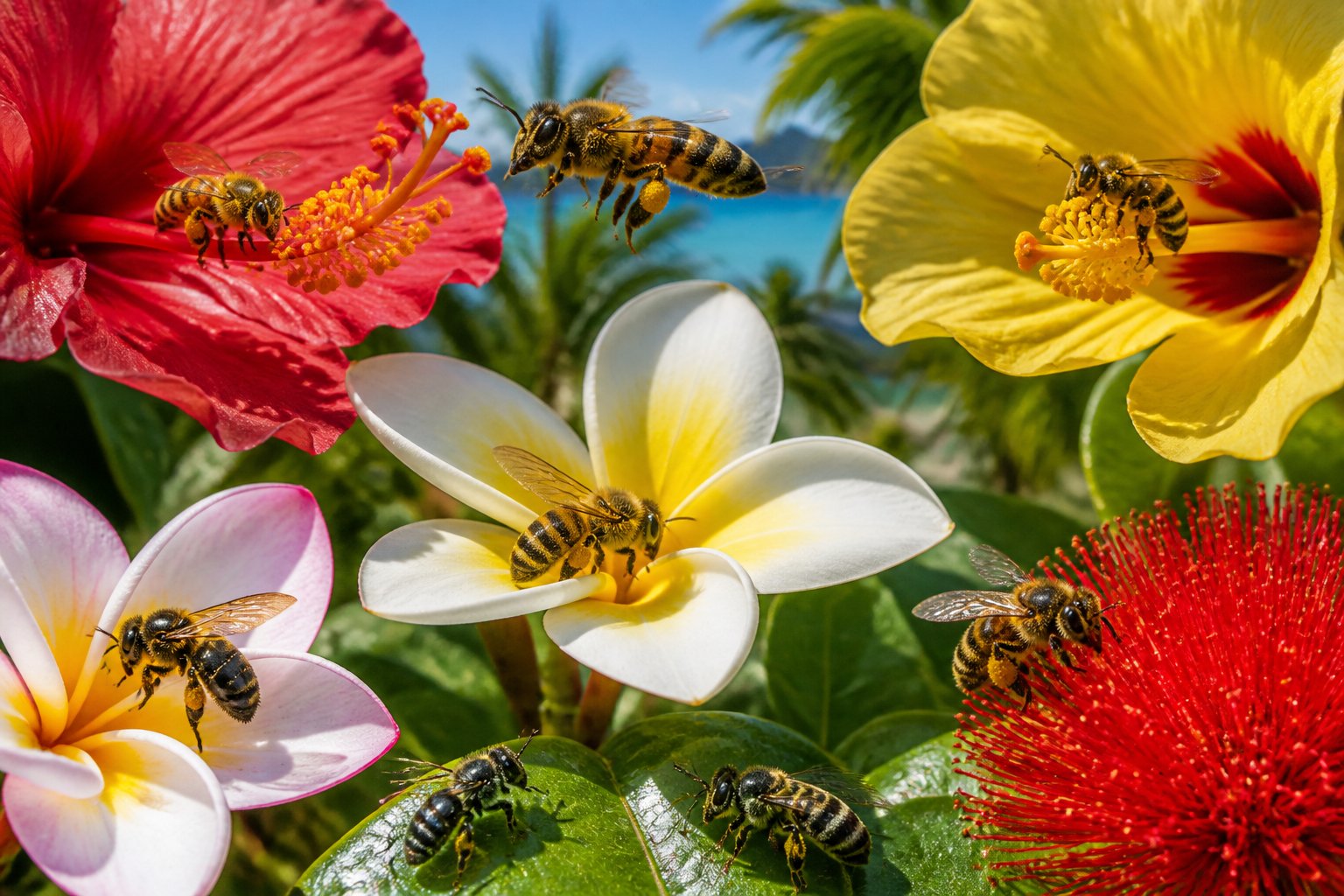 Close-up of various bees pollinating tropical flowers with green foliage and blue sky in the background on a Hawaiian island.