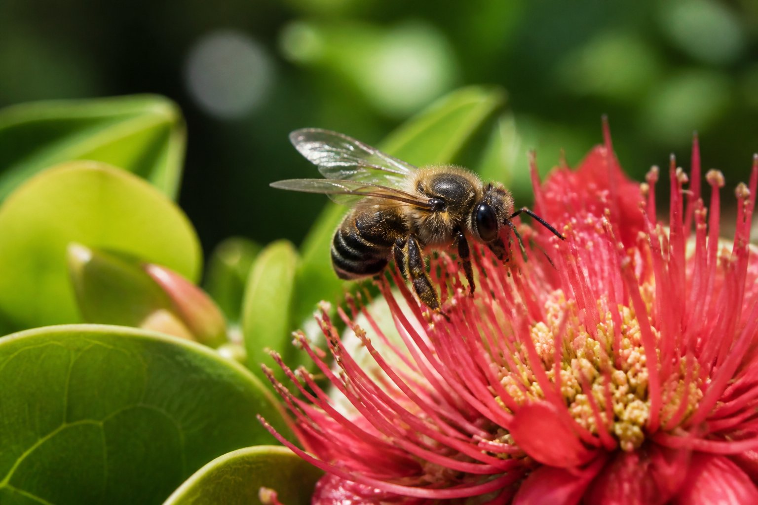 A native Hawaiian bee sitting on a bright tropical flower surrounded by green leaves.