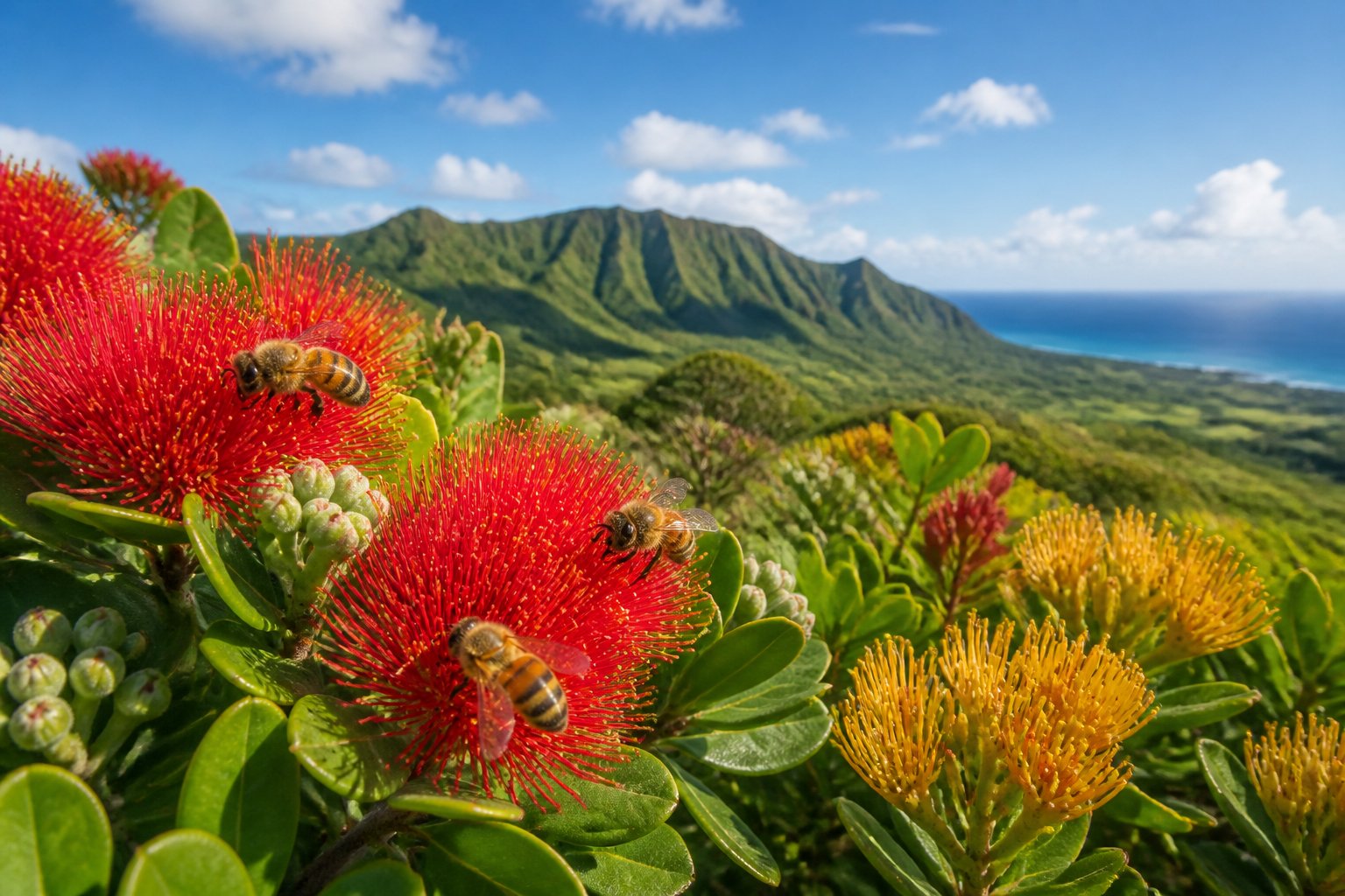 Honeybees pollinating tropical flowers in a lush Hawaiian landscape with hills and blue sky in the background.