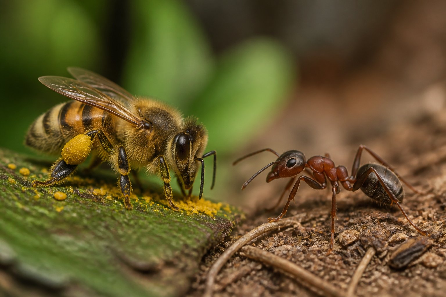 Close-up of a bee and an ant side by side on a natural surface with a blurred background.