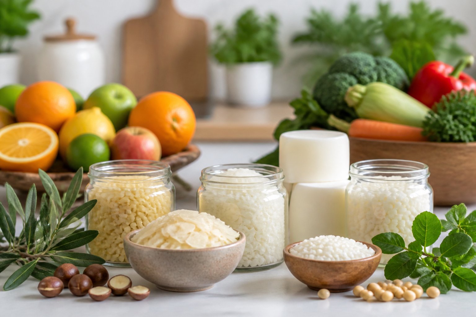 A kitchen countertop displaying jars of vegan wax alternatives and natural plant ingredients arranged neatly.