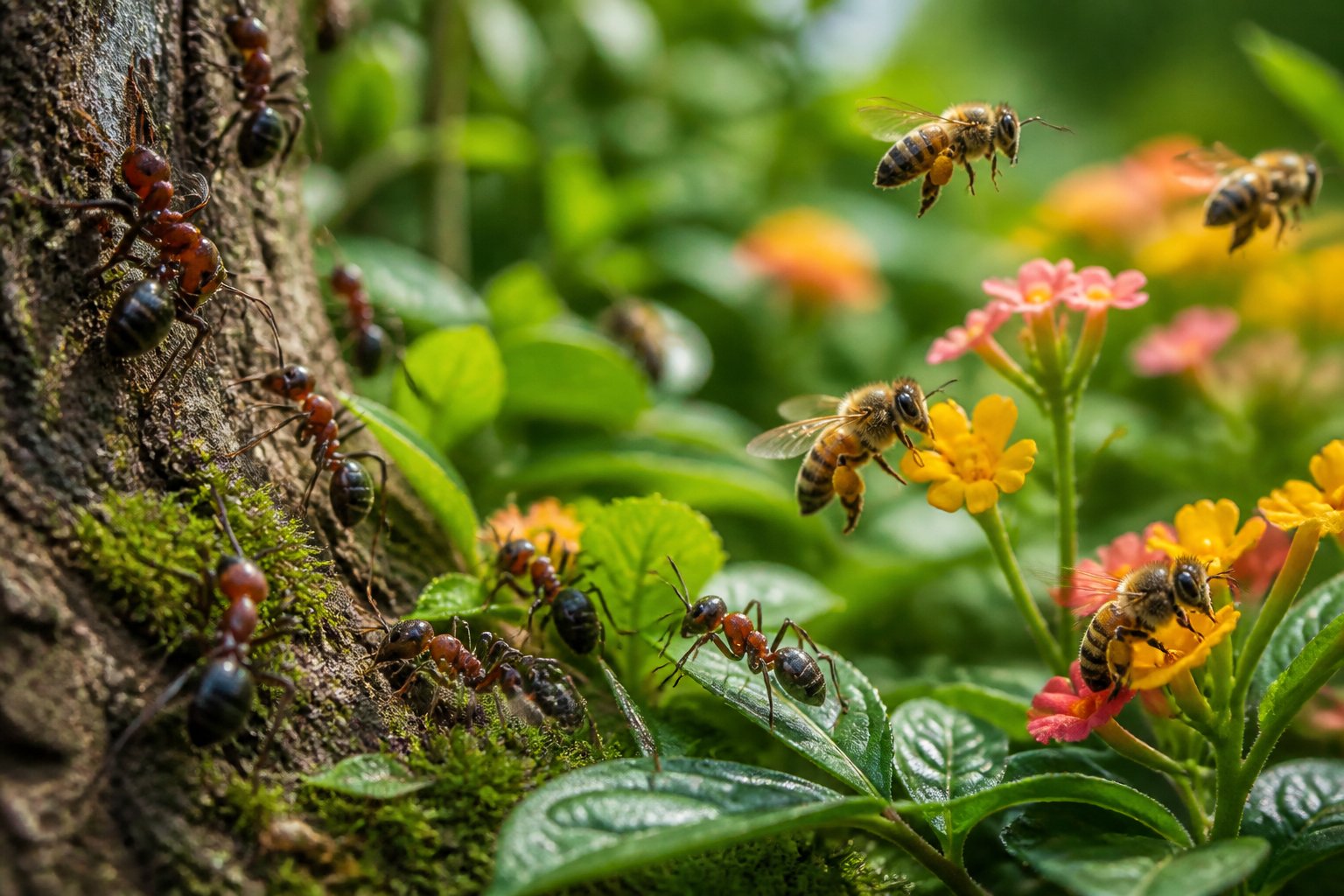 Close-up of ants crawling on tree bark and leaves with bees flying near flowers in a green forest setting.