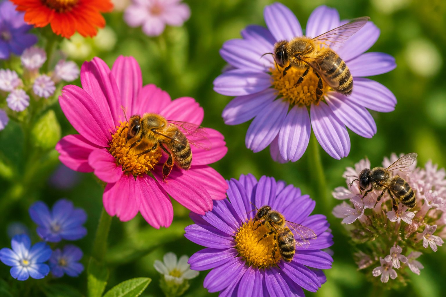 Close-up of various bees gently resting on colorful flowers in a sunlit garden.