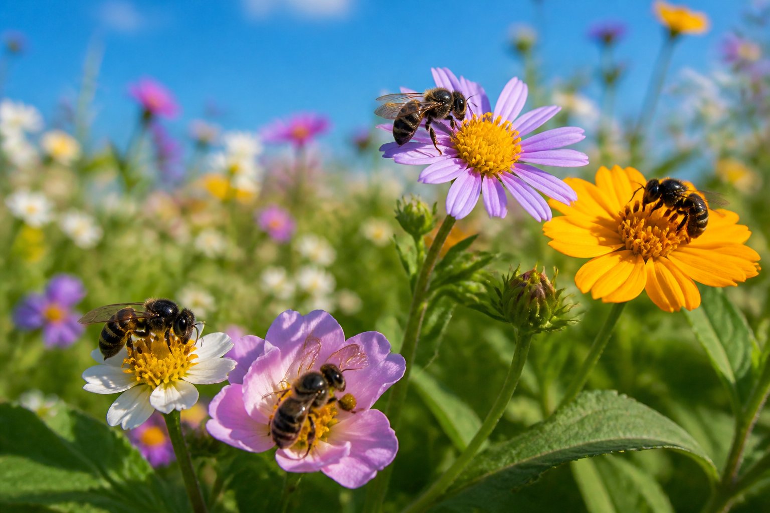 Close-up of stingless bees on colorful wildflowers in a sunny meadow.