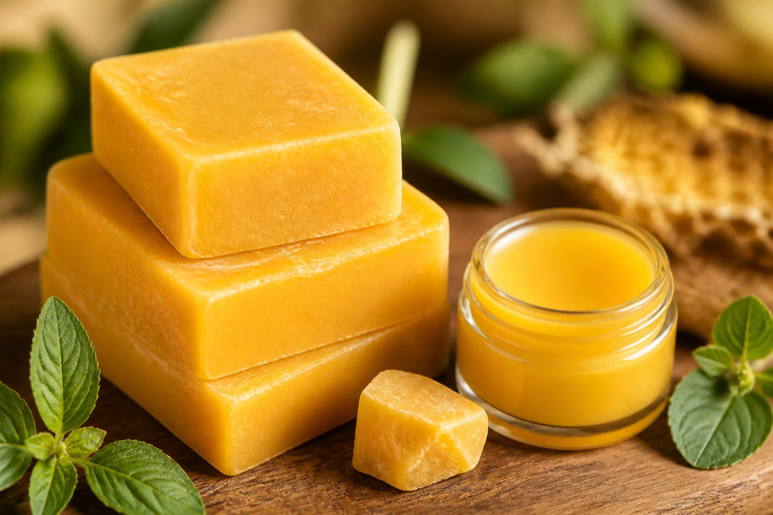 Close-up of natural beeswax blocks and a jar of beeswax balm on a wooden surface with green leaves around.