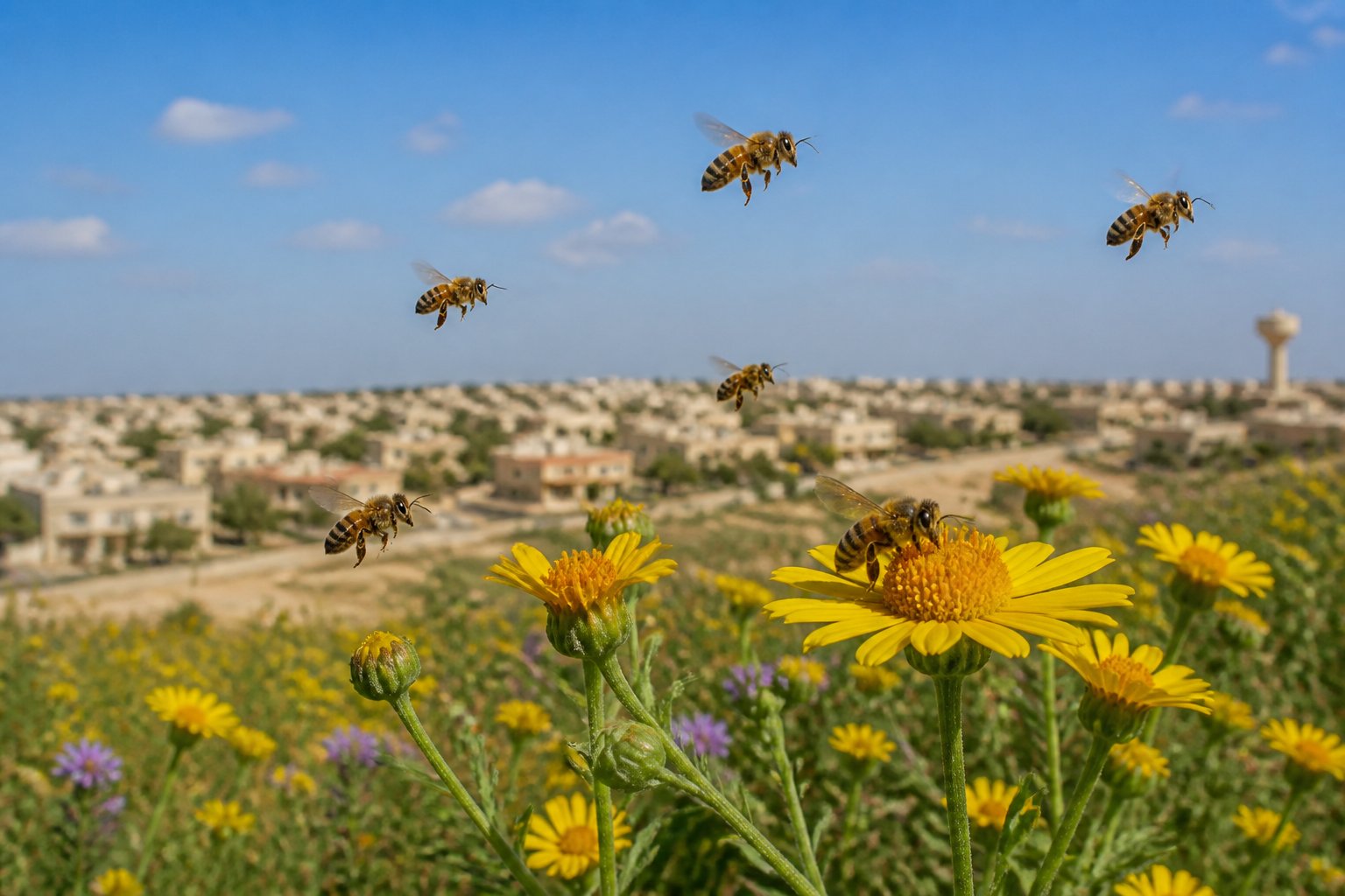Honeybees flying around and landing on wildflowers in a sunny field near a small town.