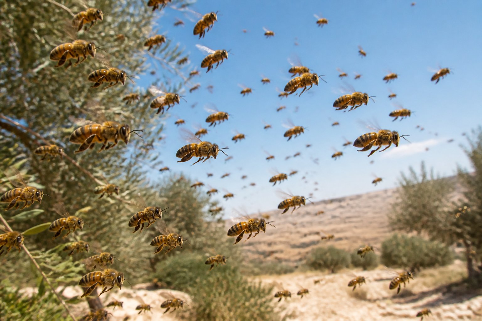 A swarm of bees flying over a natural outdoor landscape with trees and shrubs under a clear sky.