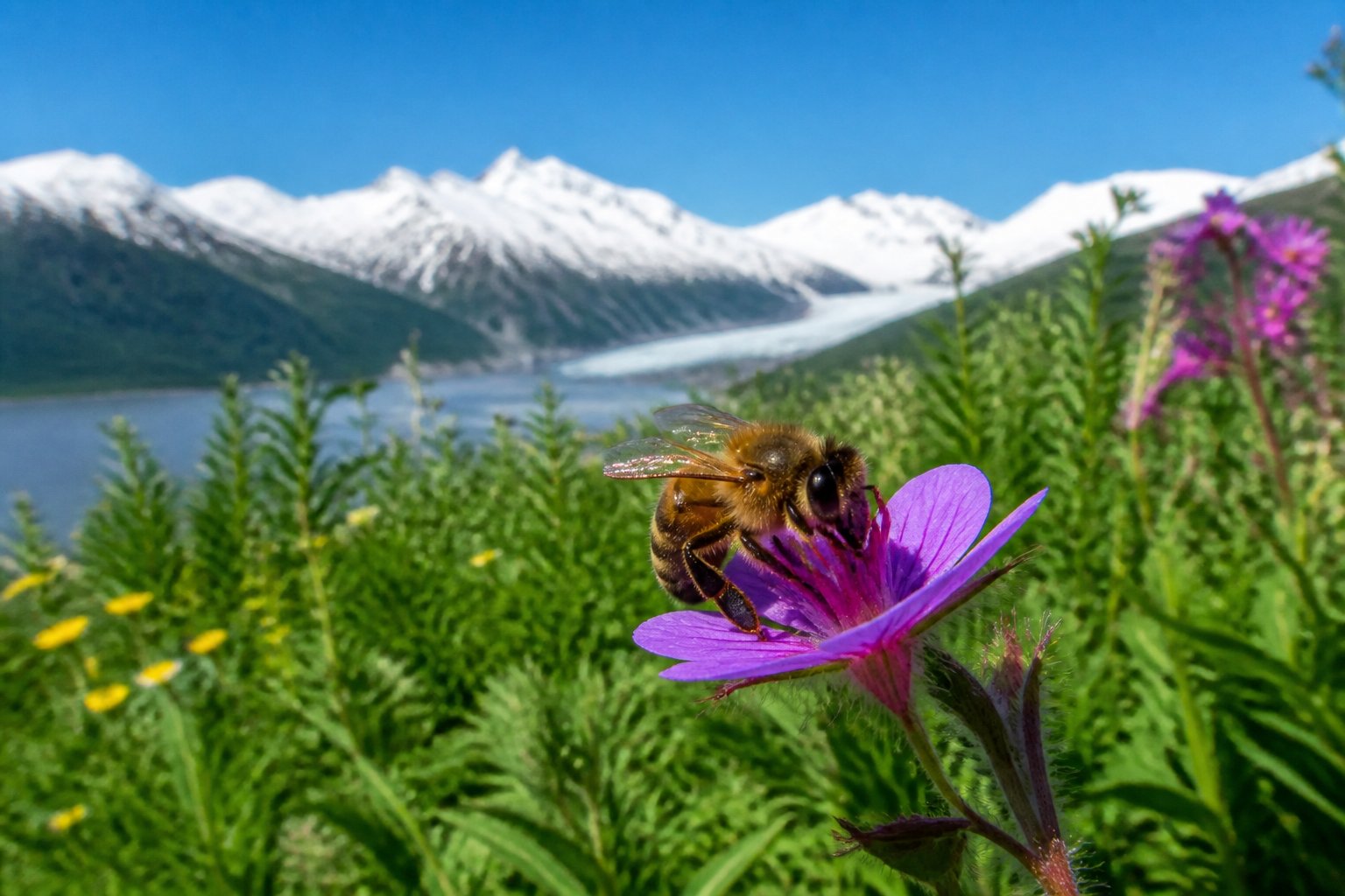 A honeybee collecting nectar from a wildflower in an Alaskan meadow with mountains in the background.