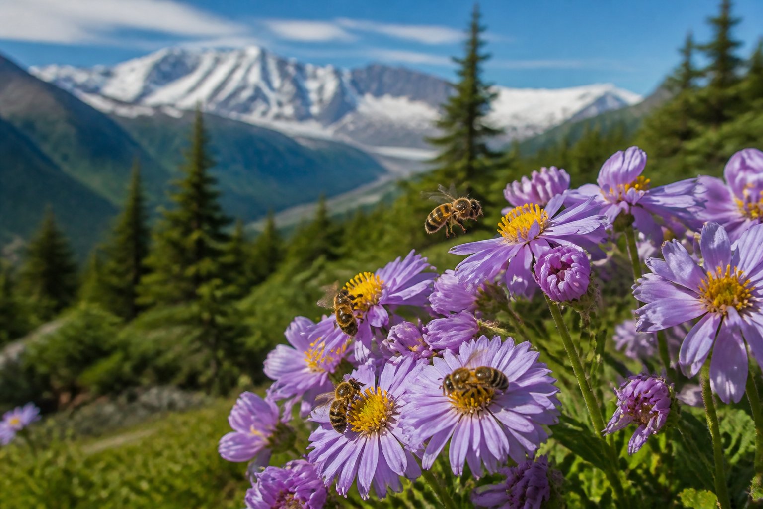 Bees pollinating wildflowers in an Alaskan wilderness with trees and snow-capped mountains in the background.