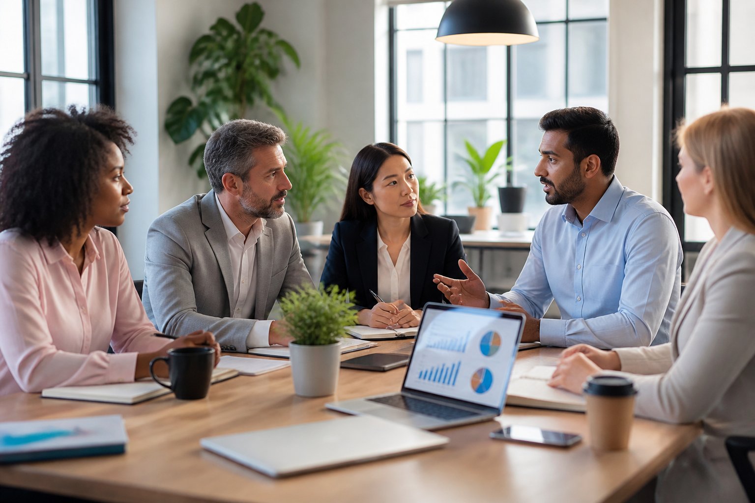 A group of business professionals having a meeting around a conference table with laptops and notebooks in a bright office.