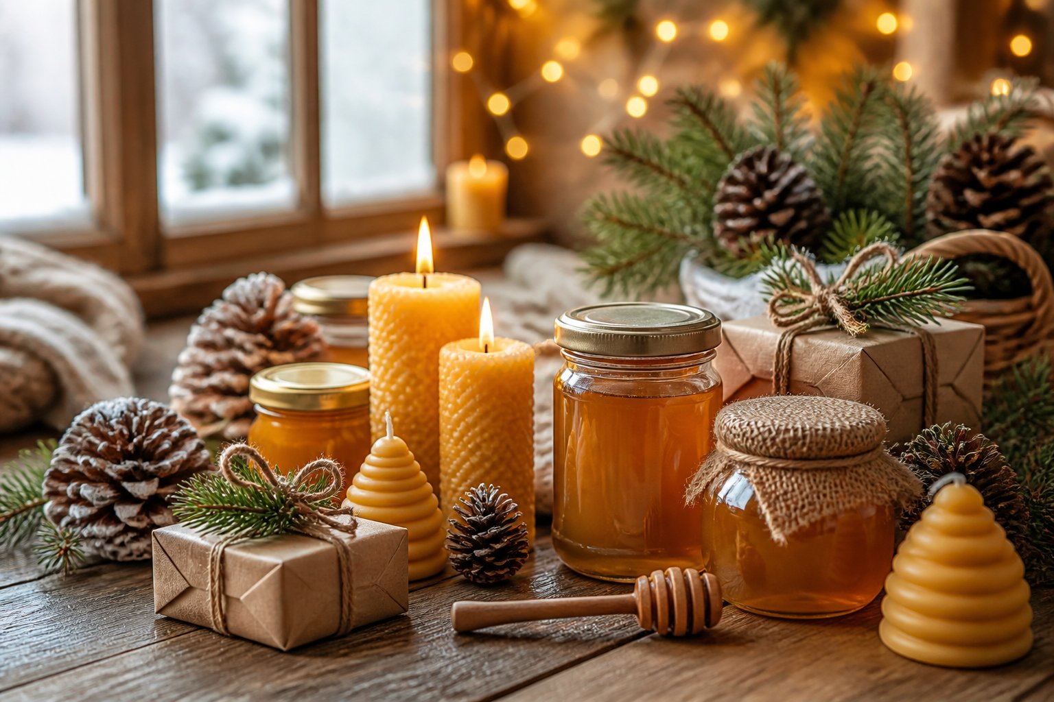 A wooden table with honey jars, beeswax candles, wrapped gifts, and winter decorations including pine branches and pine cones.