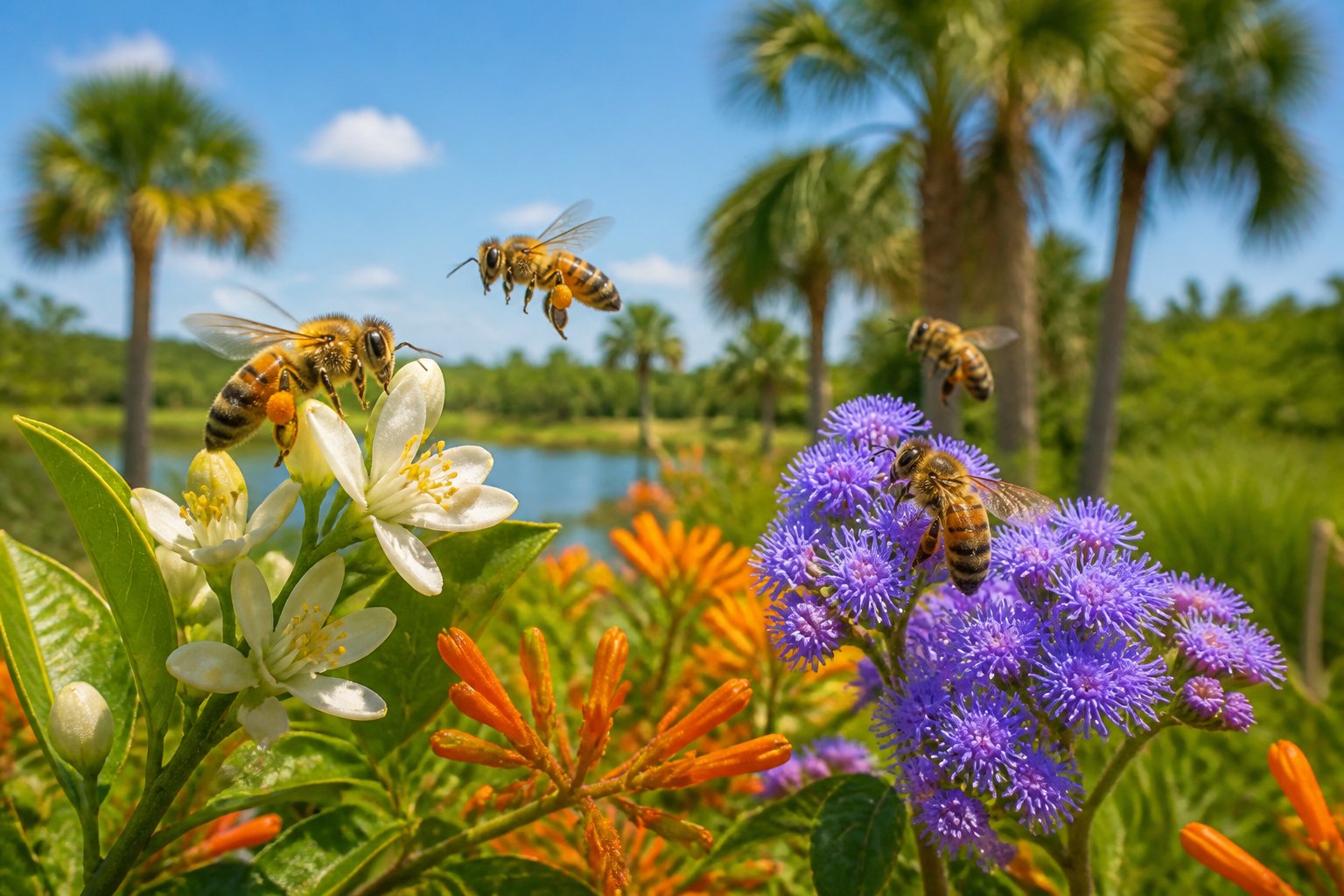 Close-up of honeybees pollinating colorful wildflowers in a green Florida landscape with palm trees and blue sky.