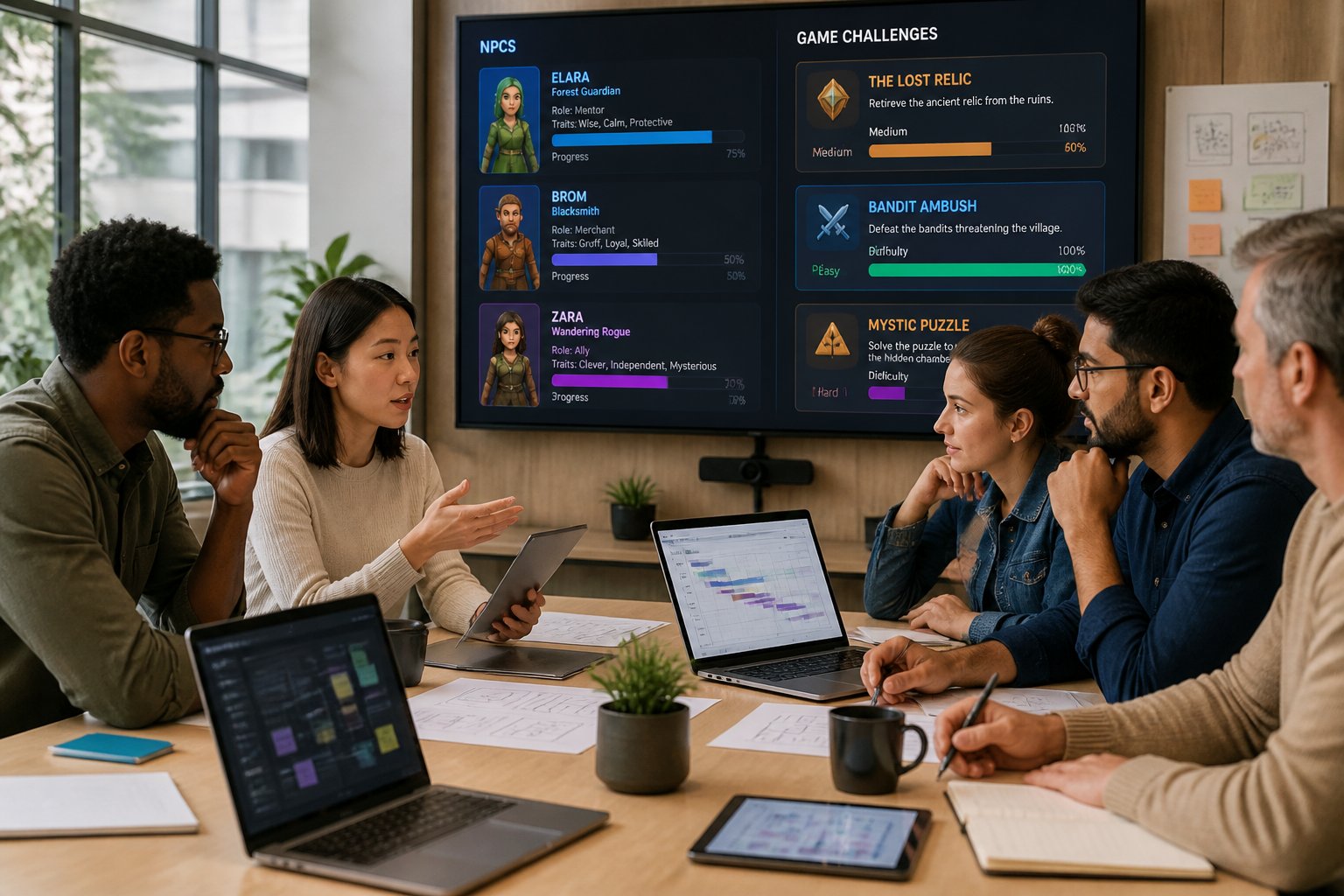 A group of people discussing plans around a conference table with digital devices and charts in an office.