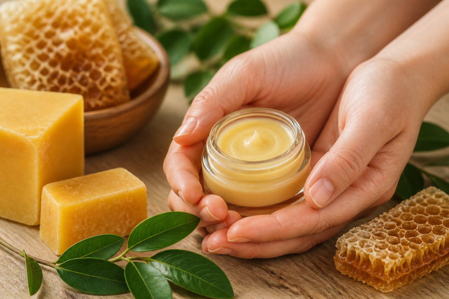 Close-up of hands holding a jar of beeswax lip balm surrounded by beeswax blocks, honeycomb, and green leaves on a wooden surface.