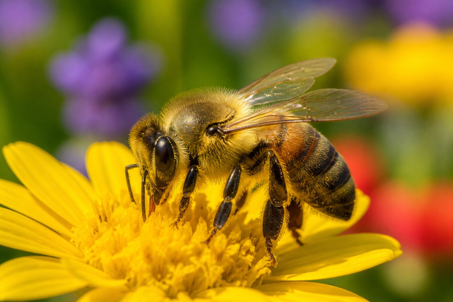 Close-up of a honeybee on a yellow flower with its legs visible, surrounded by green foliage and flowers.