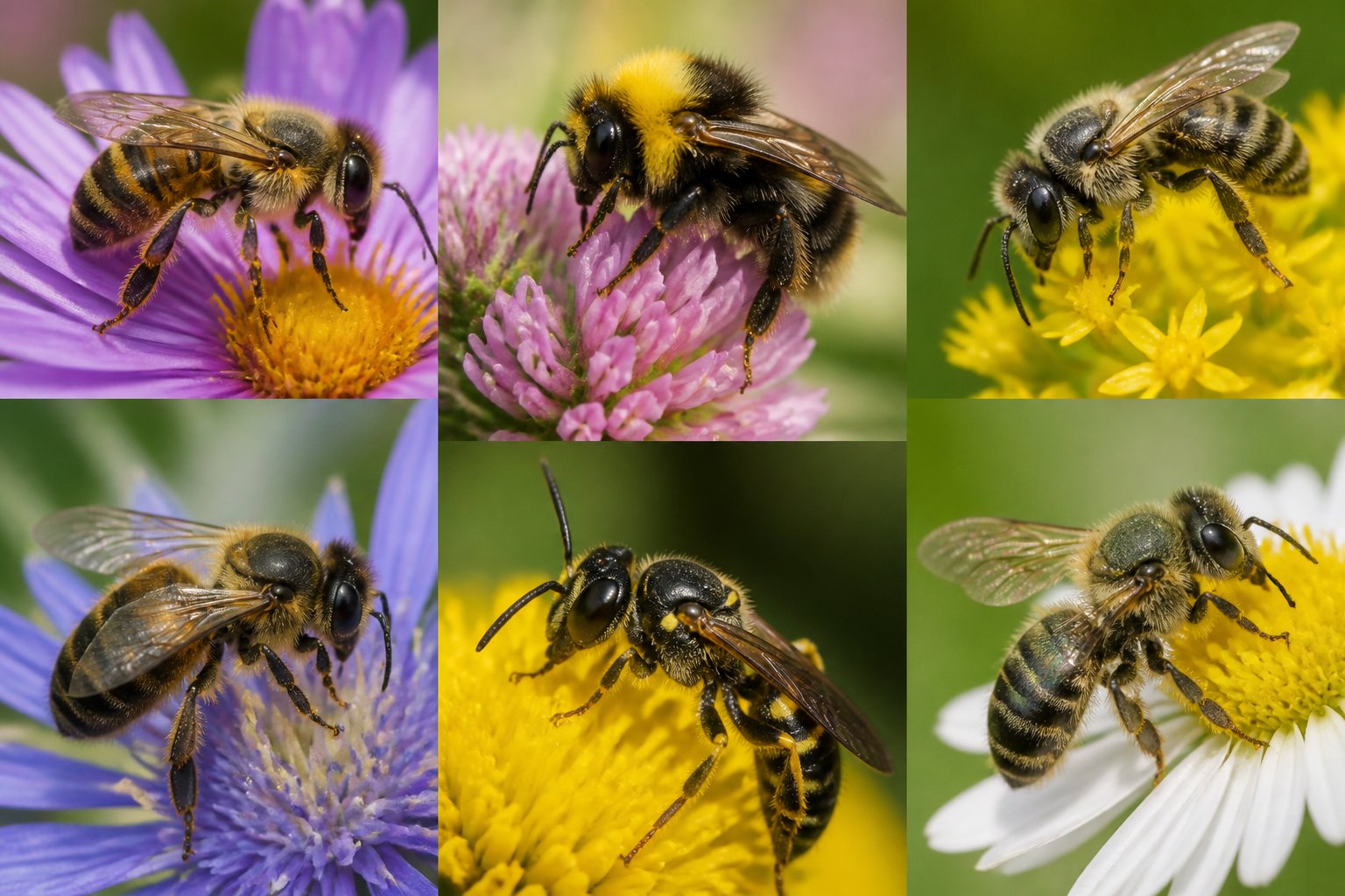 Close-up of several different bees sitting on colorful flowers in a natural outdoor environment.