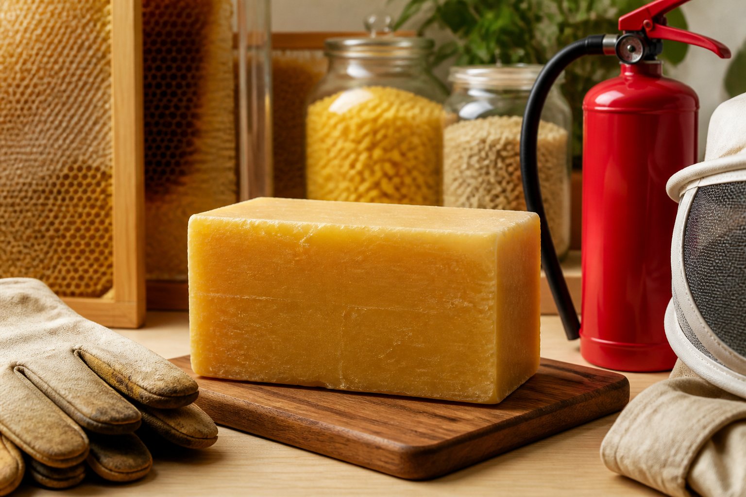 Close-up of a block of beeswax on a wooden surface with fire-resistant gloves and a small fire extinguisher nearby in a clean, organized workspace.