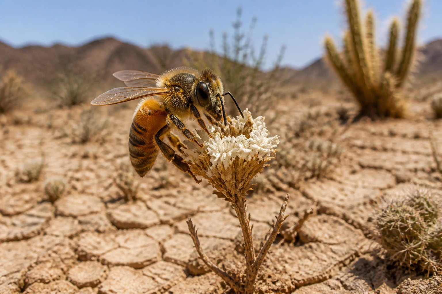 A desert bee resting on a small flower in a dry, cracked desert landscape with sparse vegetation.
