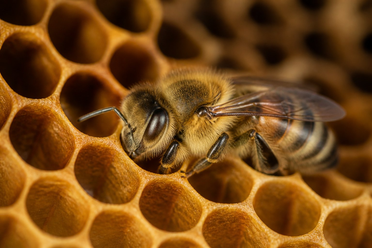 A close-up of a honeybee resting inside a honeycomb with its eyes closed.