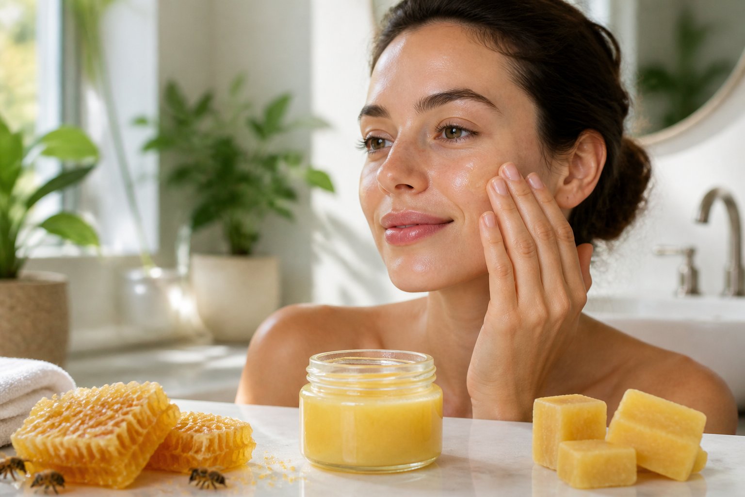 A woman applying beeswax cream to her cheek next to jars of beeswax and honeycomb on a bathroom vanity.