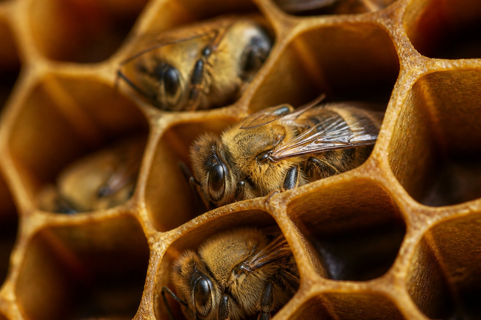 Close-up of bees resting quietly inside a honeycomb in a beehive.