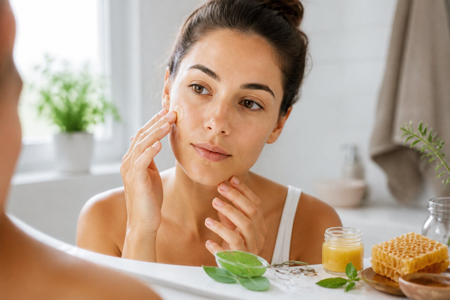 A woman gently applying a beeswax skincare product to her face in a bright bathroom with natural ingredients on the counter.