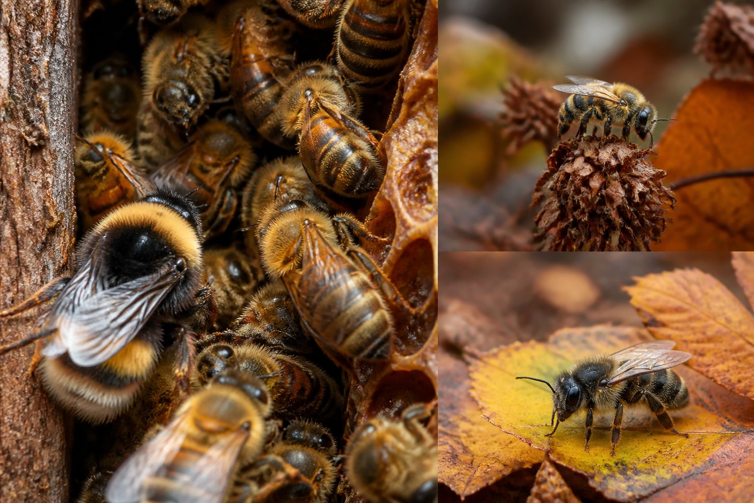 Various types of bees resting inside a hive and on autumn plants during late fall.