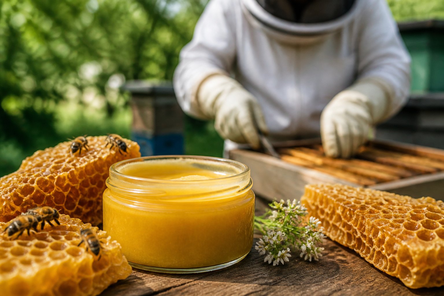 A jar of beeswax with honeycomb and bees on a wooden surface, with a person in protective gloves handling a beehive in the background.
