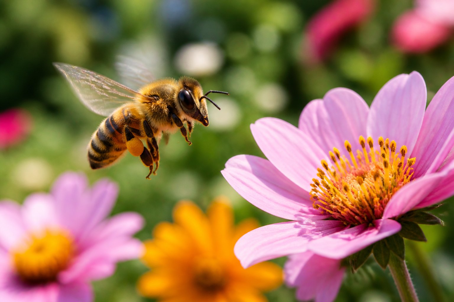 A honeybee flying near a blooming flower in a garden with green plants in the background.