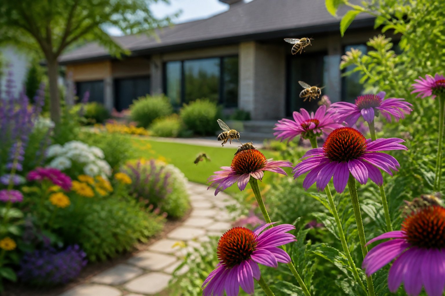 Bees flying and collecting nectar from flowers in a garden near a suburban house.