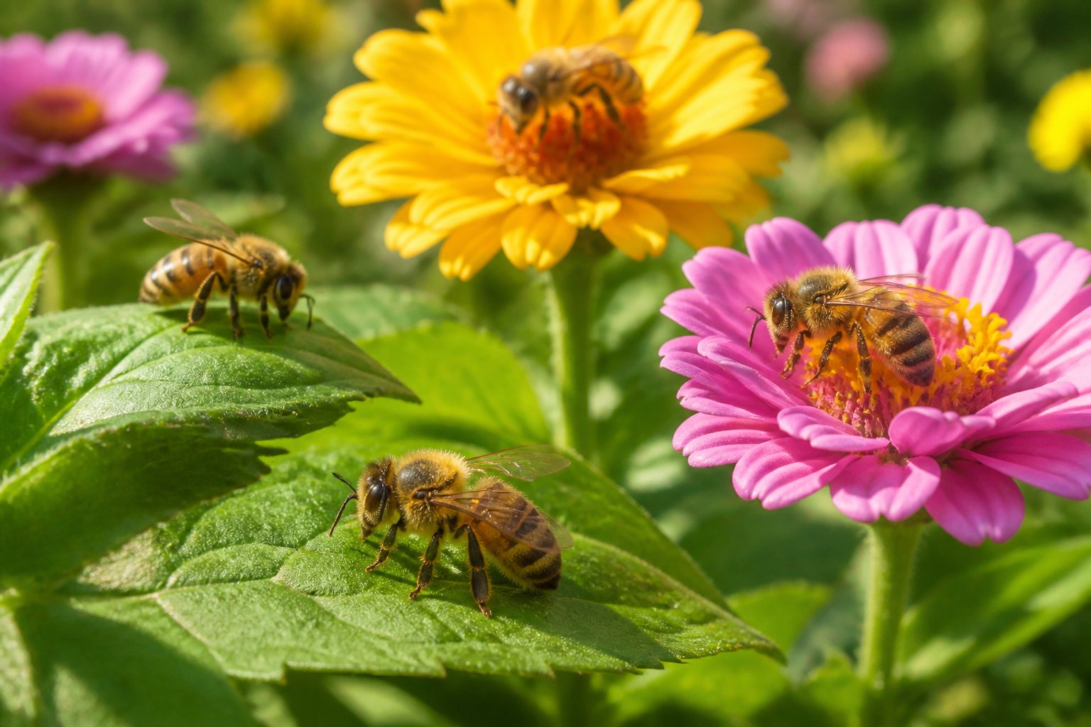 Close-up of bees resting on leaves and flowers in a garden, with their wings folded and not flying.