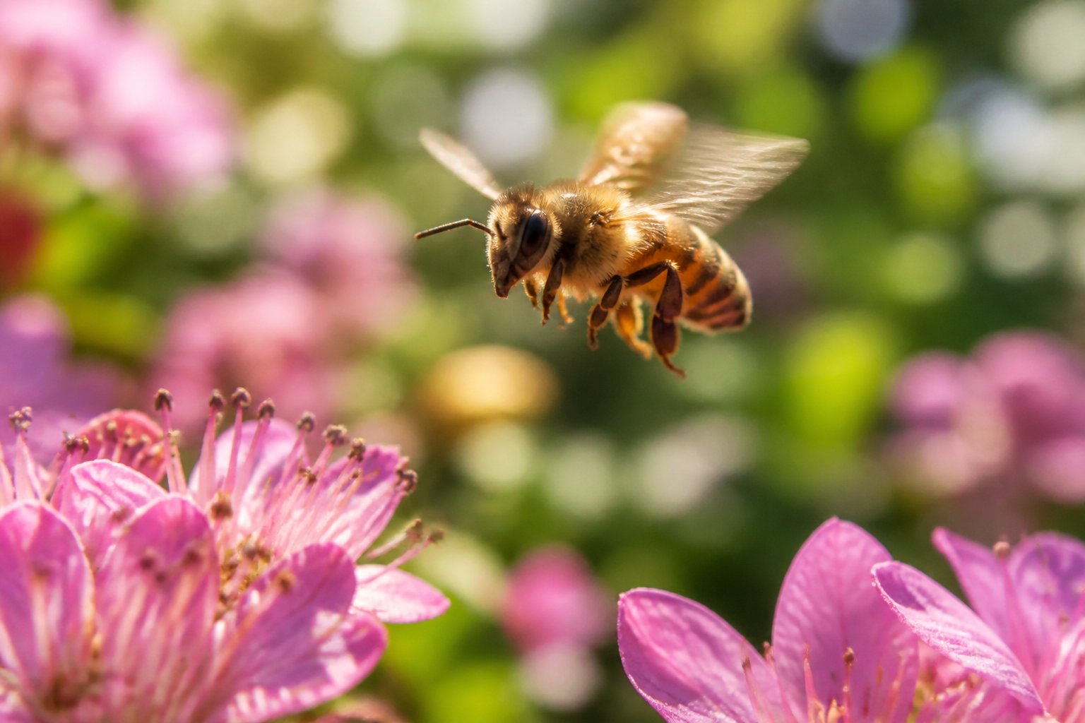 A bee flying above colorful flowers in a garden with sunlight shining.
