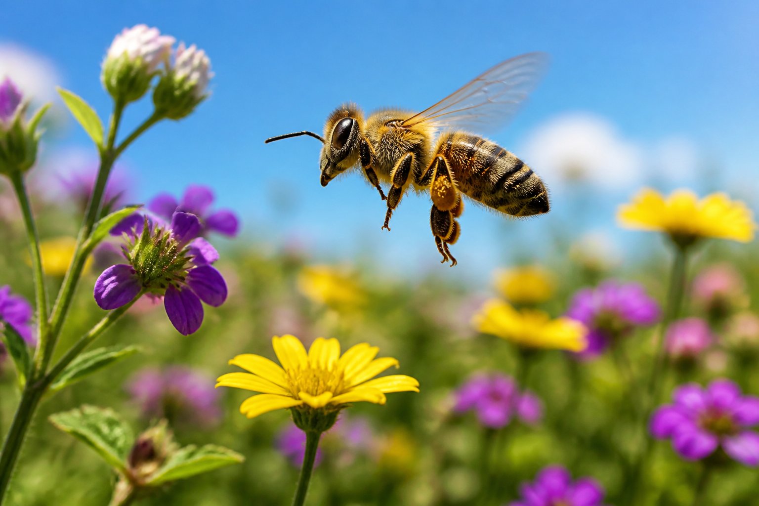 A close-up of a bee flying over colorful flowers in a sunlit meadow.
