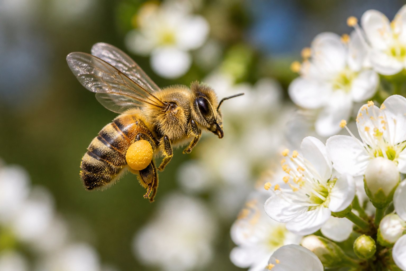 A honeybee flying near flowers with its wings spread and pollen on its body.