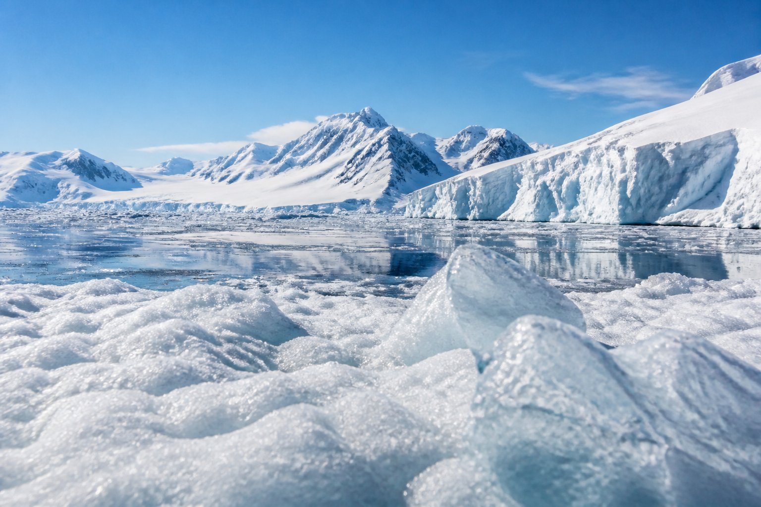 A snowy and icy Antarctic landscape with mountains in the distance and no visible animals.