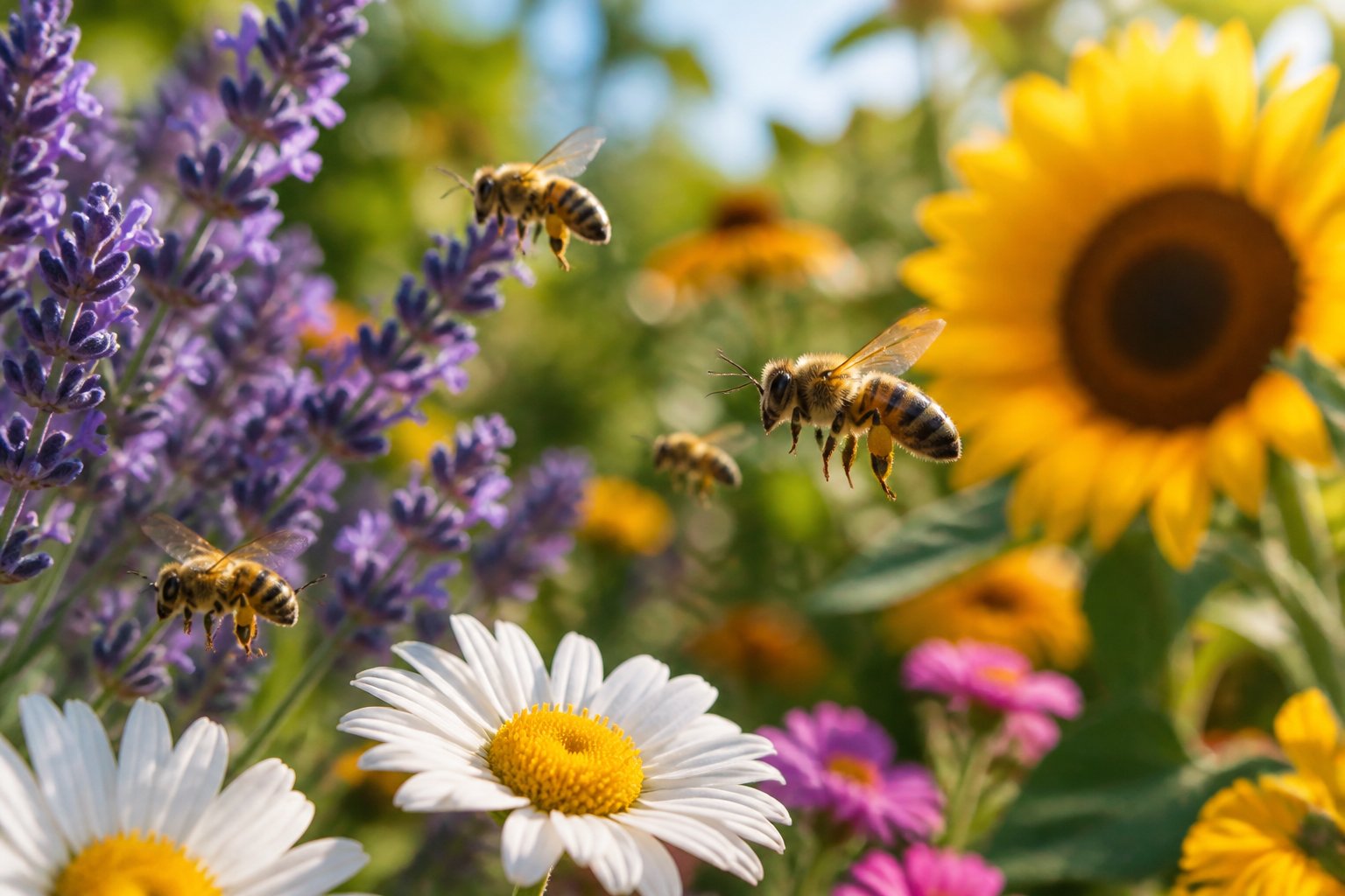 Bees flying around colorful flowers in a sunlit garden.