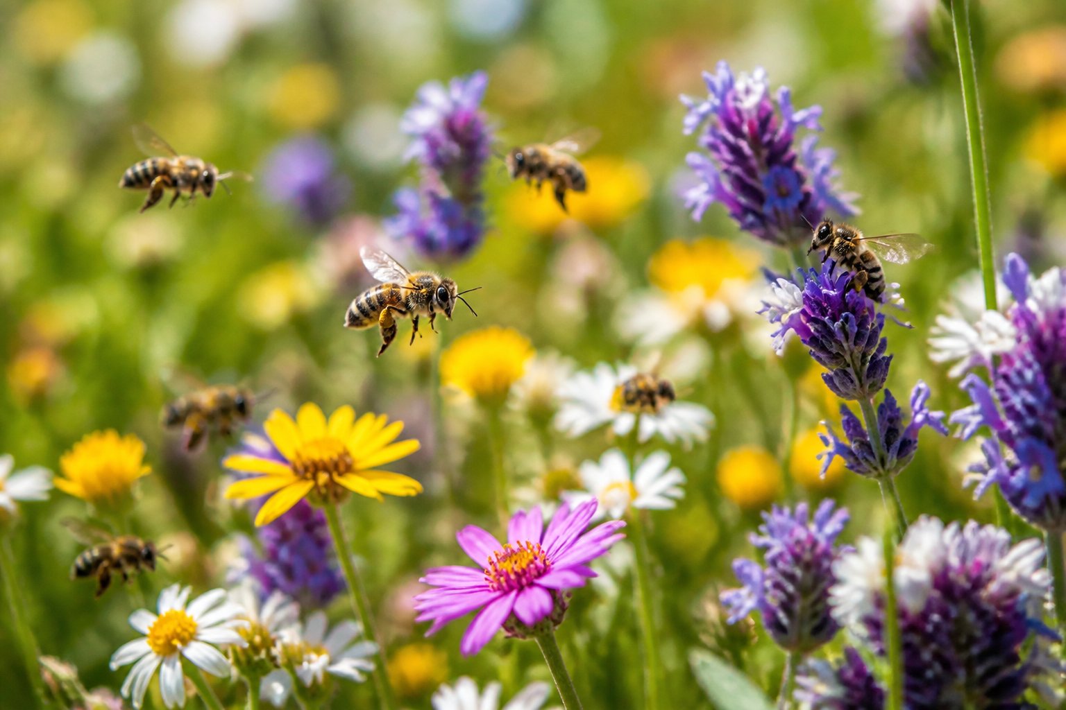 Close-up of bees flying around colorful flowers in a sunlit meadow.