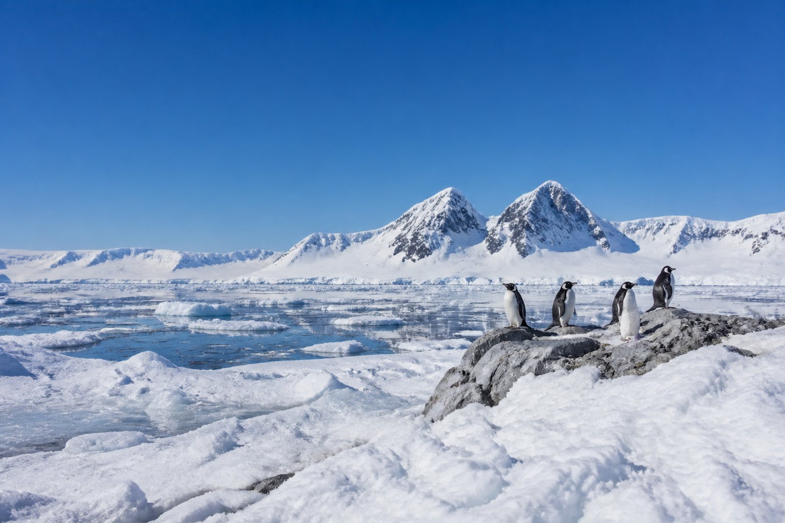 A snowy Antarctic landscape with ice formations, penguins on the ice, and distant snow-covered mountains under a clear blue sky.