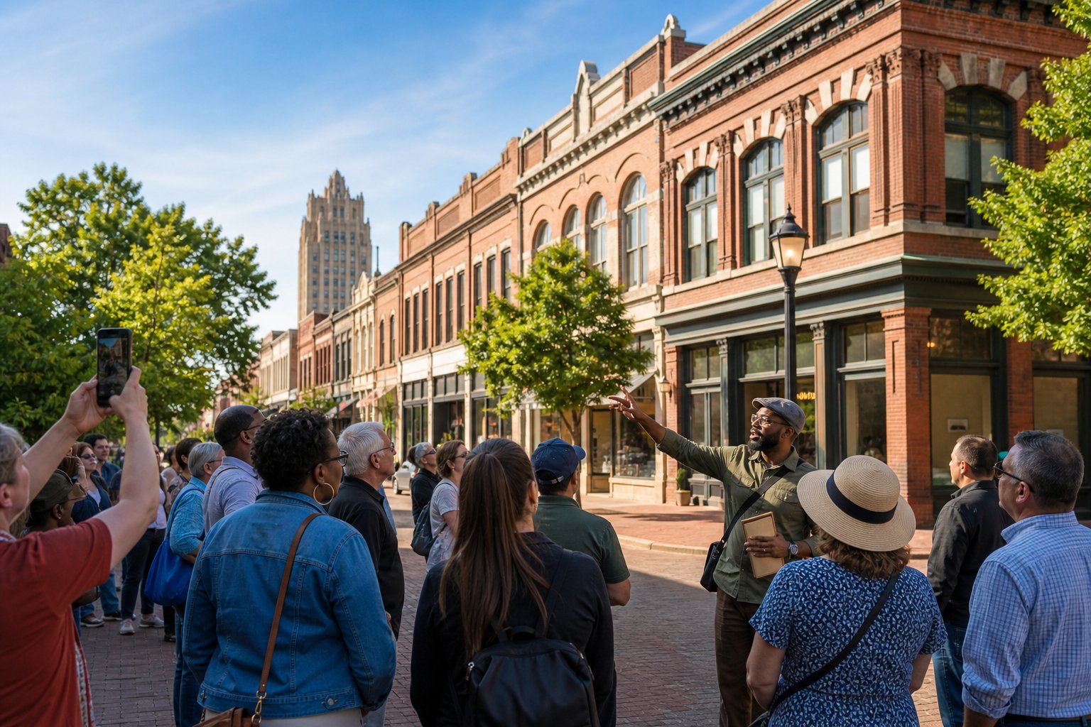 A group of people listening to a tour guide while walking through a historic district with old brick buildings and trees in Tulsa, Oklahoma.