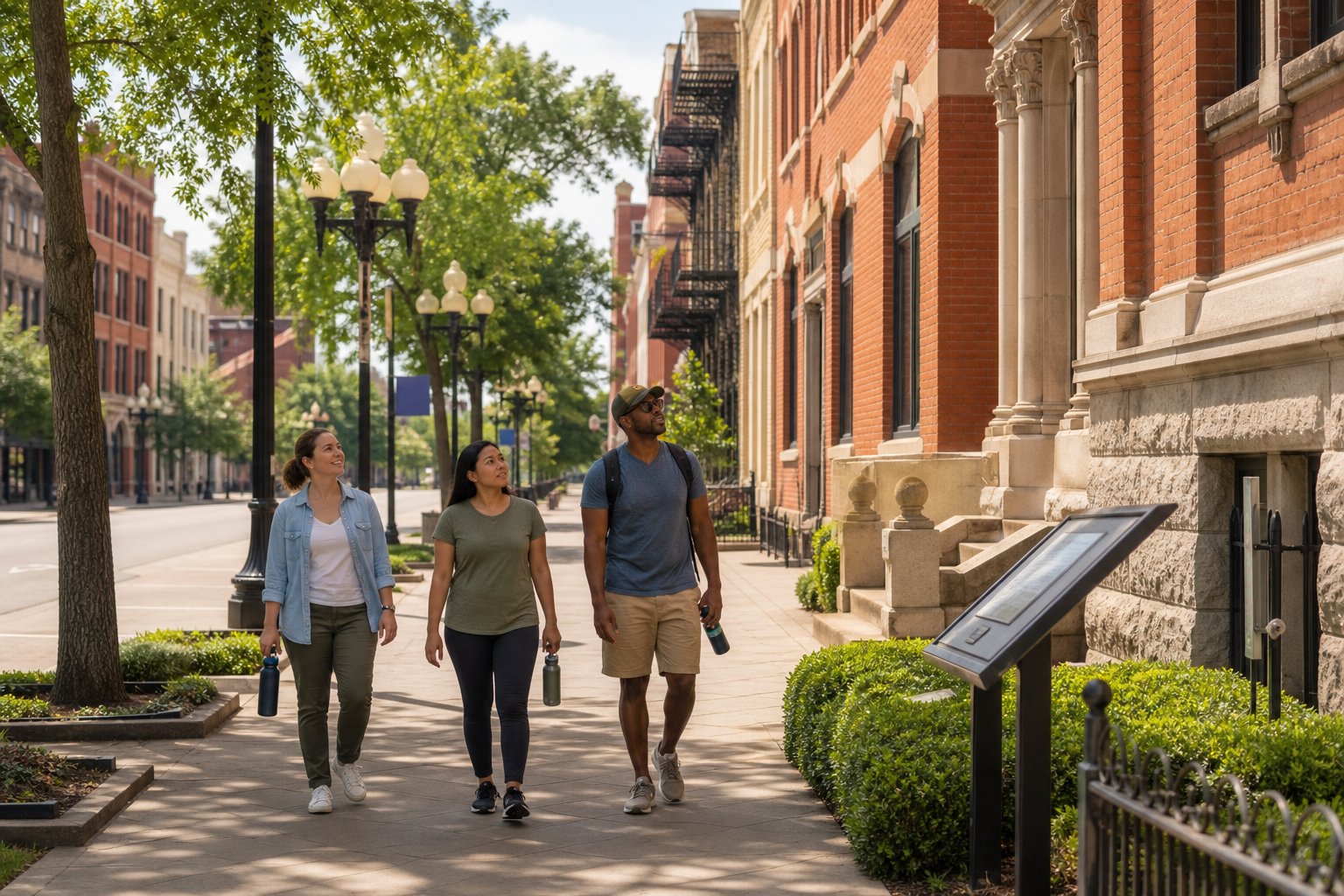People walking along a clean sidewalk in a historic district with brick buildings and greenery in Tulsa, Oklahoma.