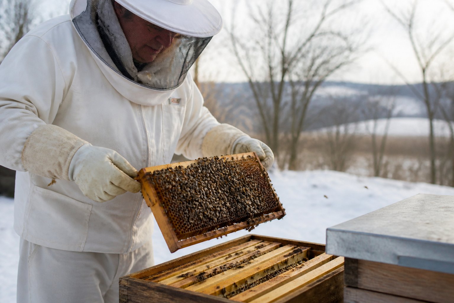 A beekeeper wearing protective gear inspecting a beehive outdoors in a winter landscape with bare trees.